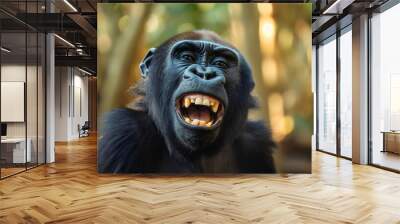 Closeup of funny big silver back gorilla ape primate monkey smiling face portrait looking at the camera, happy chimpanzee in the jungle or zoo, orangutan animal teeth Wall mural