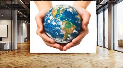 Closeup of hands holding the planet earth globe sphere isolated on transparent background. Nature environment and ecology protection concept, energy conservation and sustainability, global warming Wall mural