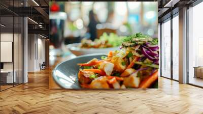 Closeup of healthy vegan vegetarian vegetable food meal salad on plate on restaurant table, copy space. Fresh lunch or dinner nutrition with delicious organic tasty green ingredient, gourmet, cafe Wall mural