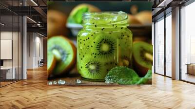 Closeup of kiwi jam in glass jar surrounded by tropical exotic fruit on table. Delicious sweet homemade jelly marmalade dessert product, vitamin nutrition ingredient, natural sugar, vegetarian Wall mural