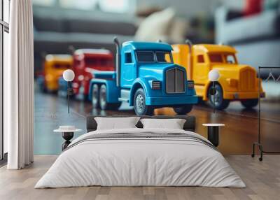 Closeup of small plastic blue, yellow and red truck toys collection on the parquet floor in room interior. Transport vehicle model for children play Wall mural