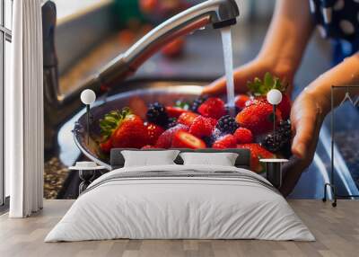 Closeup of the woman holding the gray bowl with strawberries and berries above the kitchen sink, washing the healthy and sweet summer fruits with water from the faucet Wall mural