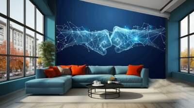 Digital abstract human hands doing the fist bump, businesspeople cooperation and partnership concept, on the dark blue background. Friendship and agreement between partners, company support Wall mural