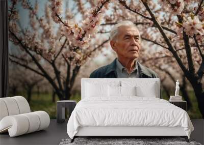 Elderly man wearing a blue suit standing in a field full of trees with pink cherry blossoms Wall mural