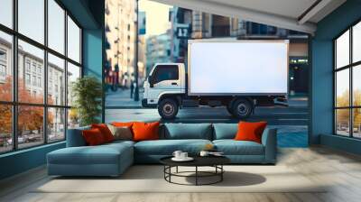 Empty blank white mockup on the small truck vehicle driving through the city street, template for advertisement. Commercial business transport delivery cargo, side view Wall mural