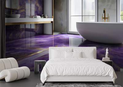 Empty luxurious purple and golden bathroom interior with shiny floor, bathtub, sink, faucet, mirror and window. Modern indoors apartment architecture, ceramic villa or mansion tile inside Wall mural