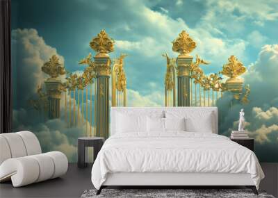 Ethereal shiny golden heaven gates or door in the heaven sky, surrounded by white clouds, entrance into paradise, Christian religious concept and belief. Resurrection or afterlife hope in Jesus Christ Wall mural