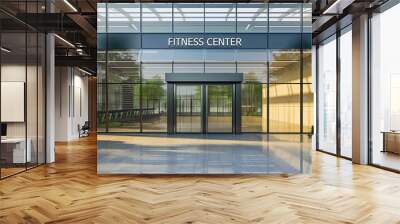 Exterior view of fitness center entrance glass door and windows. Modern gym building architecture front view, workout, training or exercise activity city or town sport structure,healthy lifestyle club Wall mural