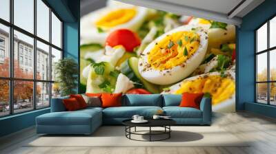 Fresh cooked egg tops garden salad, juicy tomato and crisp cucumber create healthy mix, vegetable medley makes perfect lunch, closeup shows appetizer ready to serve Wall mural