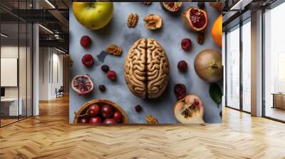 Fresh organic fruits and walnuts, foods for human brain. Raw green vitamin nutrition to think clearly and have a healthy creative mind. Memory and concentration, diet for mental and body detox Wall mural