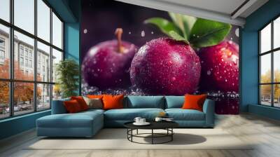 Fresh plum fruit splash, juicy and ripe with refreshing juice, a healthy and organic diet drink perfect for a tropical summer beverage, natural vitamin freshness and smooth wet flowing motion Wall mural