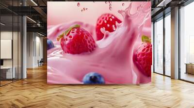 Fruit yogurt splash with strawberry and blueberry, sweet milkshake drop swirl wave Wall mural