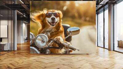 Funny dog wearing sunglasses, driving or riding a motorcycle chopper outdoors on a sunny summer day Wall mural