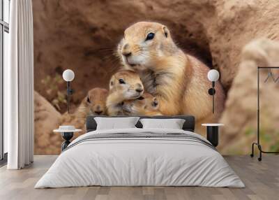 Furry cynomys squirrel prairie dog mother with little baby animals in the hole in the ground. Small brown wildlife rodent family with young children outdoors Wall mural