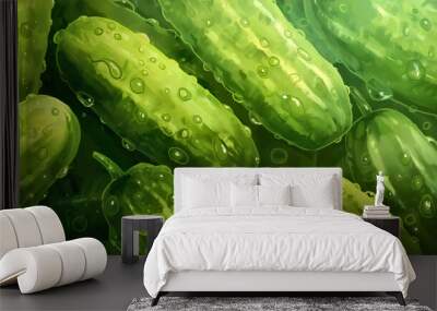 Green cucumber illustration background. Raw healthy organic vegetarian vegetable food, vitamin salad plant ingredient, farm nature diet, summer agriculture nutrition Wall mural