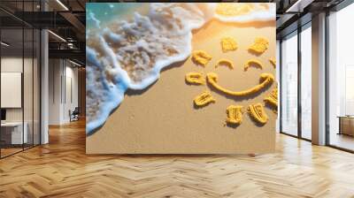 Happy smiley sun face on sand beach near sea or ocean waves. Copy space, summer holiday or vacation travel, relax and enjoy carefree tropical leisure happiness and sunbath, skincare, positive, yellow Wall mural