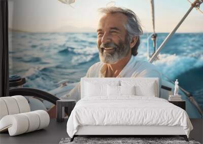 Happy smiling senior old man driving white luxury speedboat or motorboat on sea or ocean water. Retirement adventure for elderly male person, pensioner summer leisure Wall mural