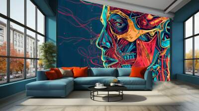 Human skeleton face anatomy with brain, teeth, jaw and nerves. Copy space, head or skull bones, medical anatomical background, model structure drawing, side view sketch Wall mural