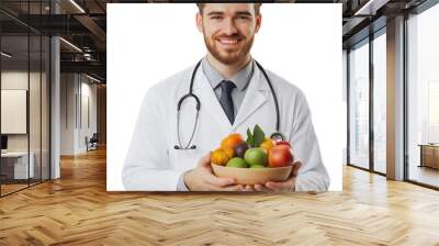 Isolated doctor with fruit like fresh apple, highlights the advice of a nutritionist on a healthy diet, emphasizing the importance of vitamins and organic food for happy lifestyle in medical clinic Wall mural