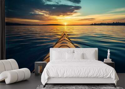 Kayak boat at sunset on water, sport travel adventure, leisure recreation canoeing vacation, outdoor summer fun paddling, scenic river lifestyle, active tourism journey, beautiful evening reflection Wall mural