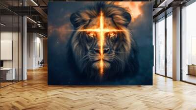 Lion of Judah with cross, Christian religion symbol, faith in Jesus and God, Bible king illustration, church Christianity animal emblem of power Wall mural