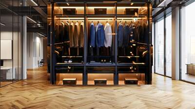 Luxurious room full of men's suit jackets hanging on the wooden clothes hanger in the wardrobe closet. Formal business wear, fashionable and classic male apparel collection Wall mural