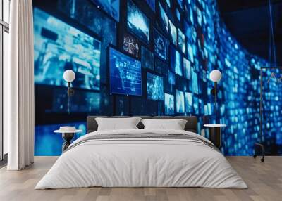 Many blue digital display screens on the wall symbolizing television and entertainment broadcasting, internet multimedia and streaming collage, advertising channels, network panel HD collection Wall mural