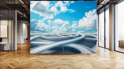 Many different roads or ways in the blue sky with clouds, business career journey or path choice, crossroad decision for success and future, confusion, challenge, solution, doubt Wall mural