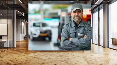 Middle aged gas station worker or employee, man with the beard wearing gray uniform and a cap, looking at the camera and smiling. Luxurious modern car and petroleum fuel pumps in the background Wall mural