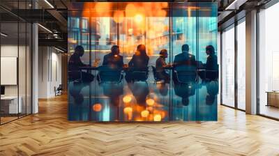 Office team meeting, silhouettes of company employees and coworkers sitting around the table and discussing business topics, corporation colleagues talking about success in economy in the future Wall mural