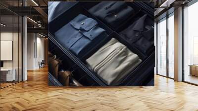 Open modern black suitcase full of packed male clothes, shirts and pants in various colors placed on a wooden parquet floor. Tourist travel luggage for a vacation trip or journey, summer adventure Wall mural