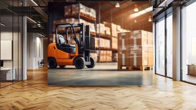 Orange and black forklift truck near the wooden pallet full of cartoon boxes in a warehouse full of containers and packages. Industrial storage vehicle doing product distribution, storehouse logistics Wall mural