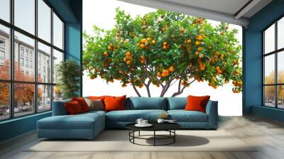 Orange tree plant branches with ripe red apple fruits hanging and green leaves, organic fresh food garden growing agriculture, isolated on transparent background Wall mural