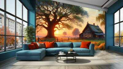 Painting of beautiful landscape with old house, big tree and little stream during sunset Wall mural