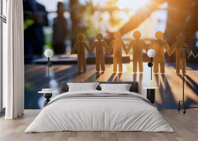 Paper people holding hands together in an unbroken chain, casting long shadows on an office table. Businesspeople and colleagues partnership and friendship, working community concept, team standing Wall mural