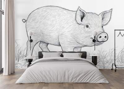 Pig coloring page in book, outline drawing of happy farm animal, nature inspired cartoon character graphic illustration creative expression, black and white design Wall mural