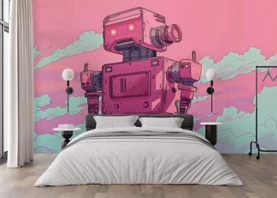 Pink robot illustration, sky with clouds in the background. AI artificial intelligence assistant automation machine, futuristic technology cyborg, retro vintage sci-fi game Wall mural