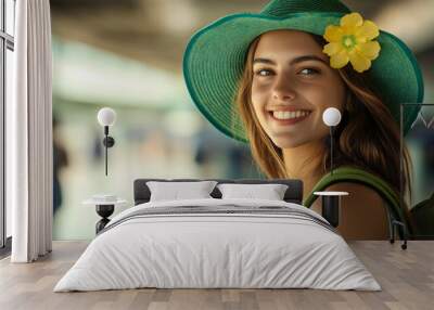 Portrait of beautiful young happy smiling woman wearing hat with flowers. Feminine attractive stylish lady beauty, pretty gorgeous elegant trendy summer model, vacation, travel magazine, femininity Wall mural