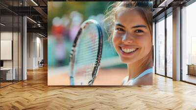 Portrait of beautiful young woman holding racket, professional happy smiling female tennis sport player standing on court outdoor, copy space. Girl athlete competition, training, active, competitive Wall mural