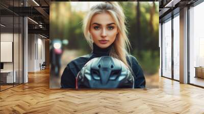 Portrait of beautiful young woman wearing motorcycle jacket, holding a helmet. Motorbike leather jacket clothes or clothing wear apparel garment for fashion, motorcyclist style, black, drive Wall mural