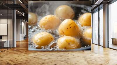 Potato in boiling water, kitchen preparation of a healthy meal, raw vegetable cooking in a hot metal saucepan on the stove, a closeup view of fresh and organic tasty ingredient for food nutrition Wall mural