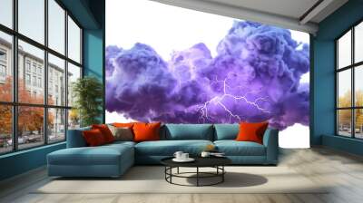 Purple cloud with lighting strikes or thunderbolts, storm illustration isolated on transparent background, danger in dark stormy nature weather on the sky Wall mural