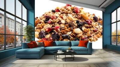 Raw and organic musli oatmeal, a dry and healthy breakfast cereal mix with fruit, isolated on transparent background, natural and delicious snack full of fiber and nutrition Wall mural