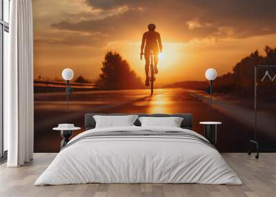 Rear back view silhouette shadow of a cyclist man riding a bike bicycle on asphalt road at orange twilight dusk sunset sky. Summer outdoor sport activity lifestyle, healthy male evening travel Wall mural