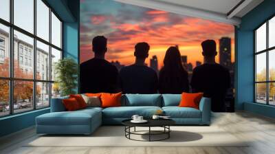 Rear or back view silhouette group of 4 young people, four male female teenager friends outdoors watching sunset over the city skyscraper buildings skyline. Summer evening leisure,together on the roof Wall mural