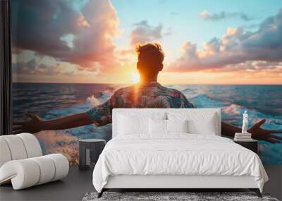 Rearview photography of a young man on the cruise ship or the yacht on the sea or ocean water. Male person wearing a light blue tropical shirt, private luxurious liner leisure, sunset trip journey Wall mural