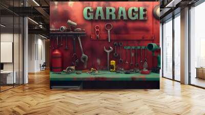 Red and green vintage retro garage room interior with equipment hanging on the wall. Indoor car repair workshop, table full of mechanic tools and set of wrenches.  Wall mural