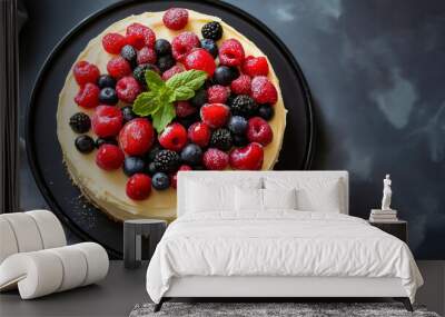 Rich cheesecake topped with fresh berry, sweet dessert fruit creation with delicious tasty sugar coating viewed from above with tart from top view with copy space Wall mural