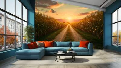 Rural landscape of a soil countryside ground road in the middle of two corn fields at the golden hour sunset. Green plant maize, agriculture farming land growth, harvest season, cob leaves horizon Wall mural