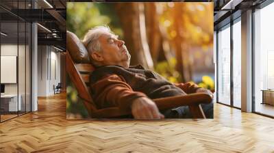 Senior old man sleeping on a wooden chair in front of the house, relaxing and enjoying, garden resting outdoors on a sunny day. Elderly pensioner retirement lifestyle, grandfather napping comfortable Wall mural